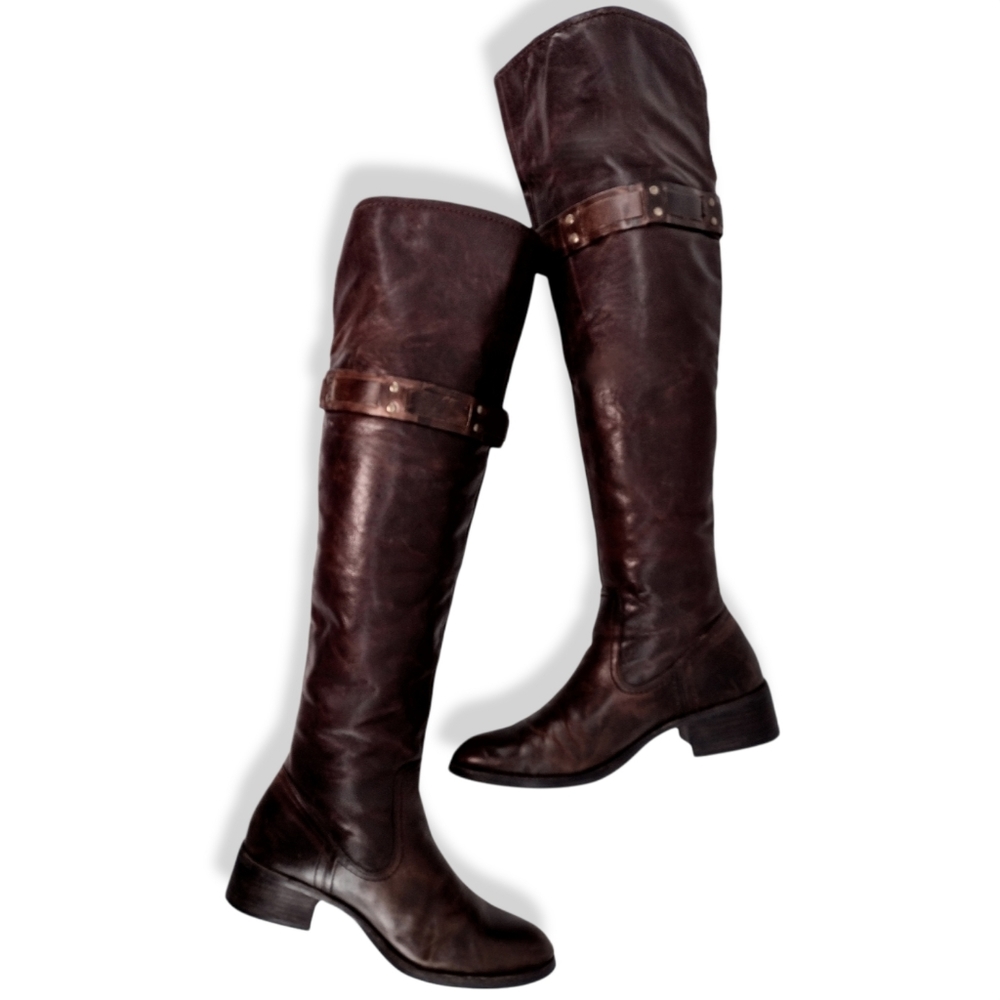 RUSTIC "Clancy" DISTRESSED REDDISH BROWN OVER KNEE BOOTS STRAPPED w BUCK…